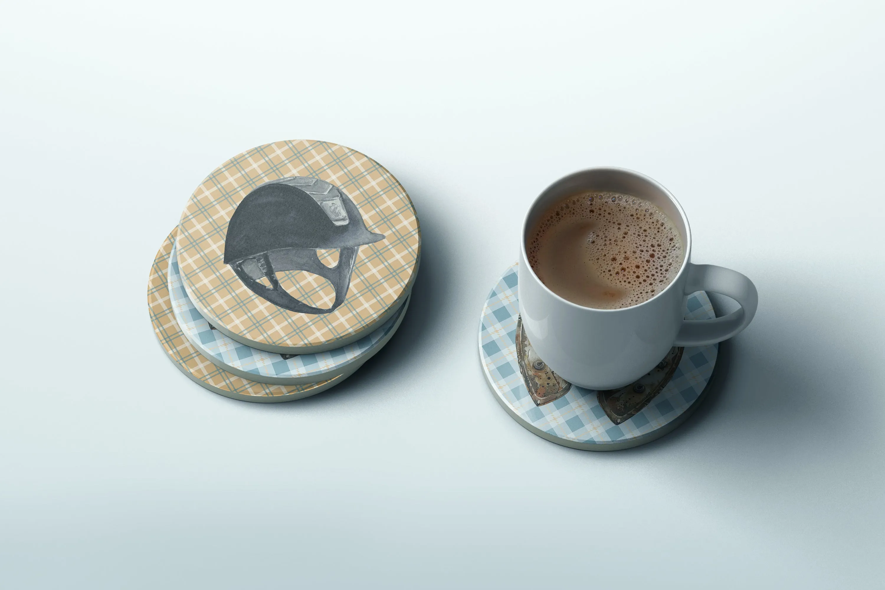 Equestrian themed coaster set with helmet and horseshoes | Horse   Whiskey Collection
