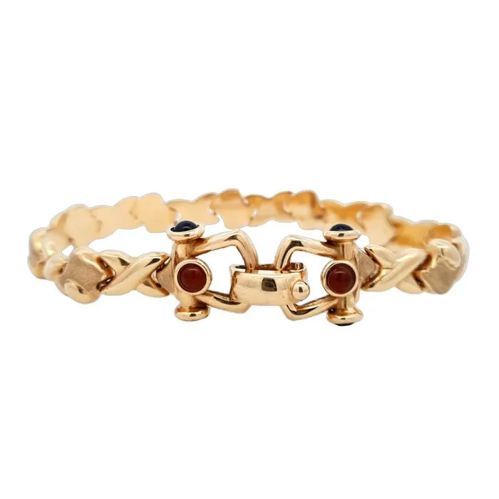 Estate Black Onyx and Carnelian Equestrian "XO" Link Bracelet in 14K Yellow Gold