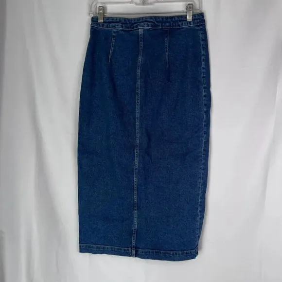 Free People Jasmine Denim Midi Pencil Skirt 1/2 Button Front Slit Boho Size SM