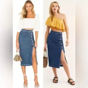 Free People Jasmine Denim Midi Pencil Skirt 1/2 Button Front Slit Boho Size SM