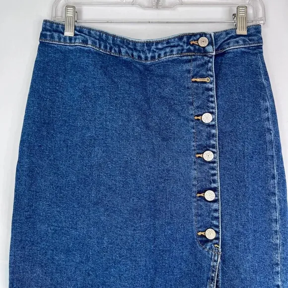 Free People Jasmine Denim Midi Pencil Skirt 1/2 Button Front Slit Boho Size SM