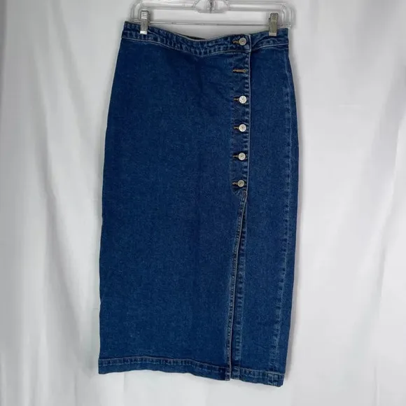 Free People Jasmine Denim Midi Pencil Skirt 1/2 Button Front Slit Boho Size SM