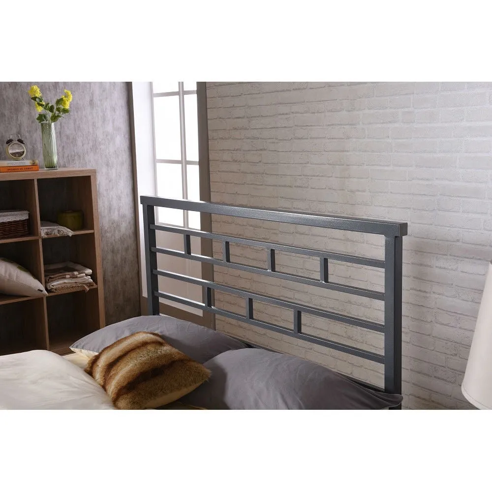 Full Metal Platform Bed Frame with Headboard in Modern Titanium Silver Finish