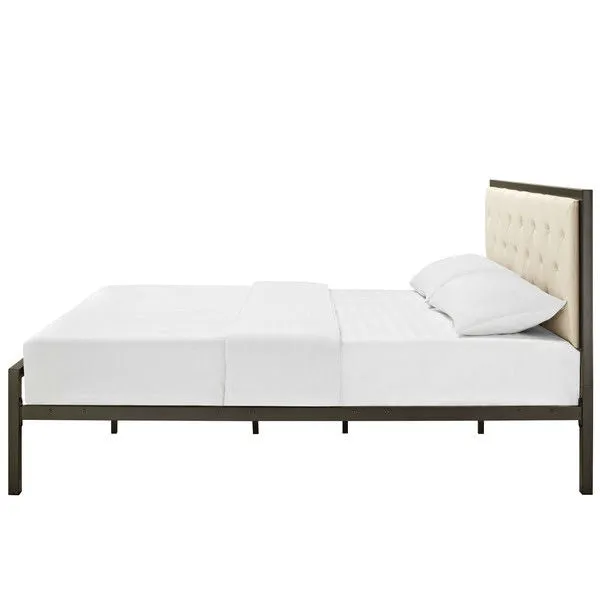 Full size Metal Platform Bed Frame with Beige Button Tufted Fabric Headboard