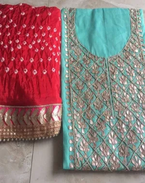 Gota Patti Suit In Skyblue And Red