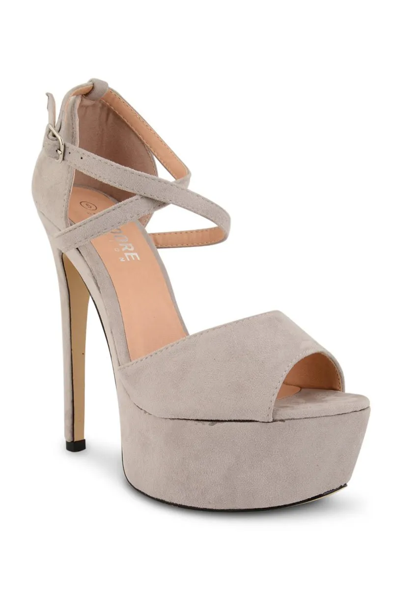 Grey Suede Cross Over Strap Platform Heels - Martha