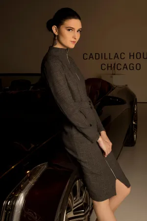 Grey - Zip Front Long Sleeve Fitted Dress