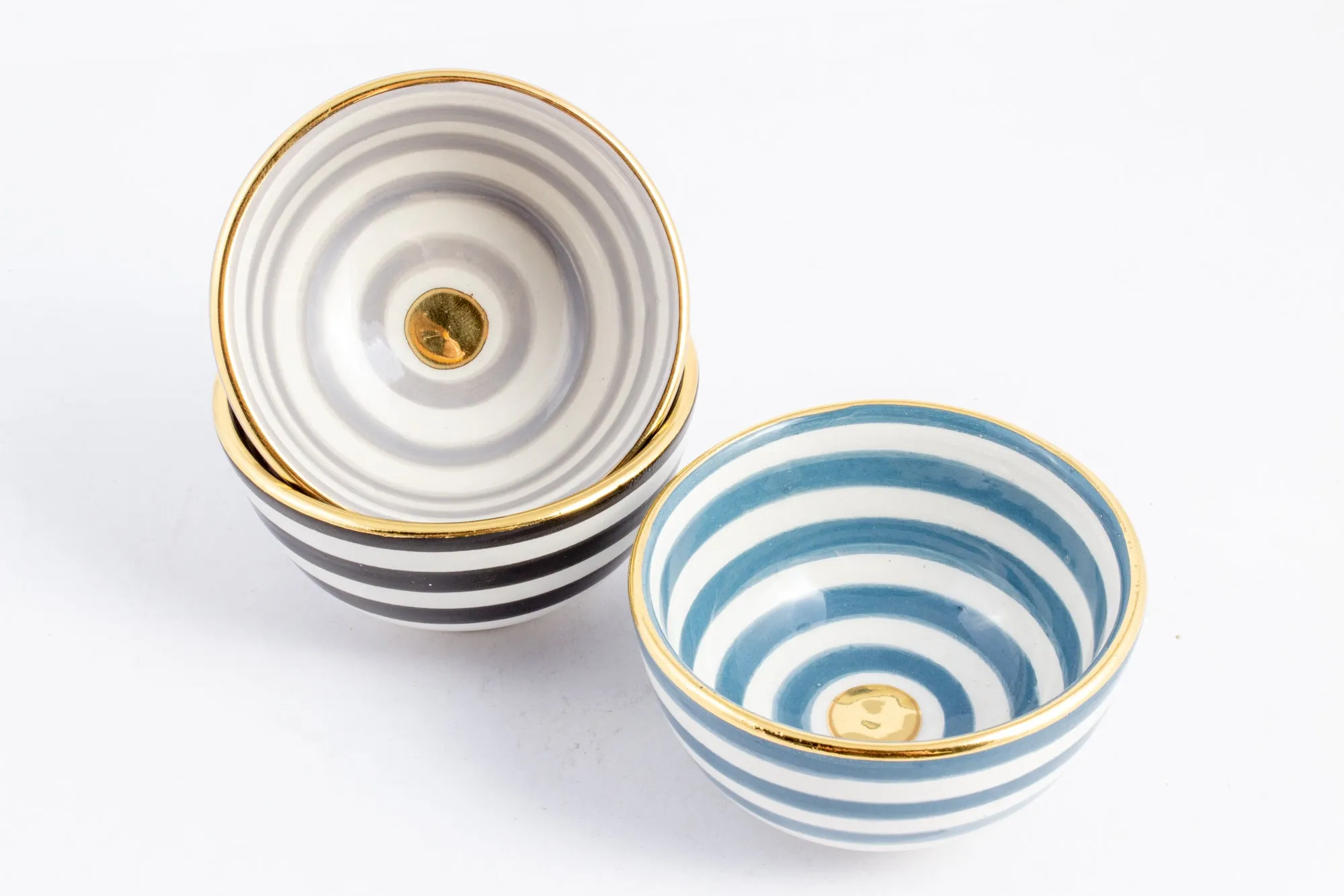Handmade Stripe Pattern Glazed Moroccan Condiment Bowls with 12K Gold
