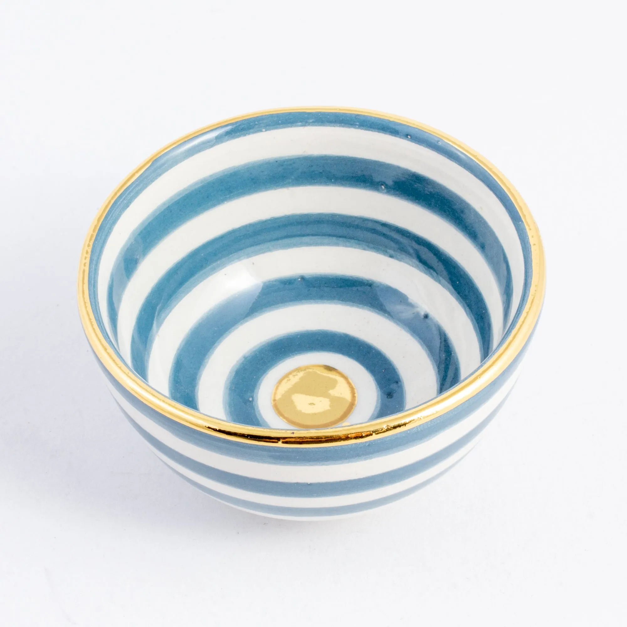 Handmade Stripe Pattern Glazed Moroccan Condiment Bowls with 12K Gold