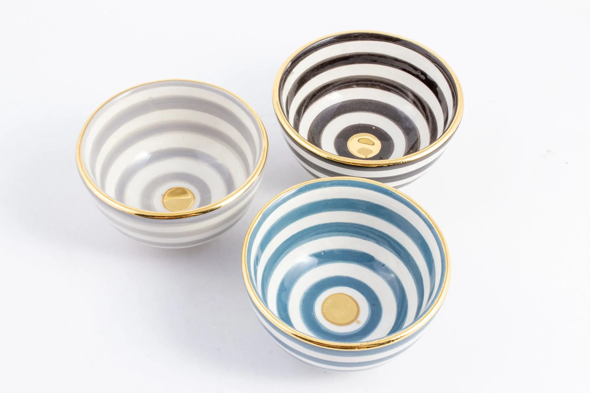 Handmade Stripe Pattern Glazed Moroccan Condiment Bowls with 12K Gold
