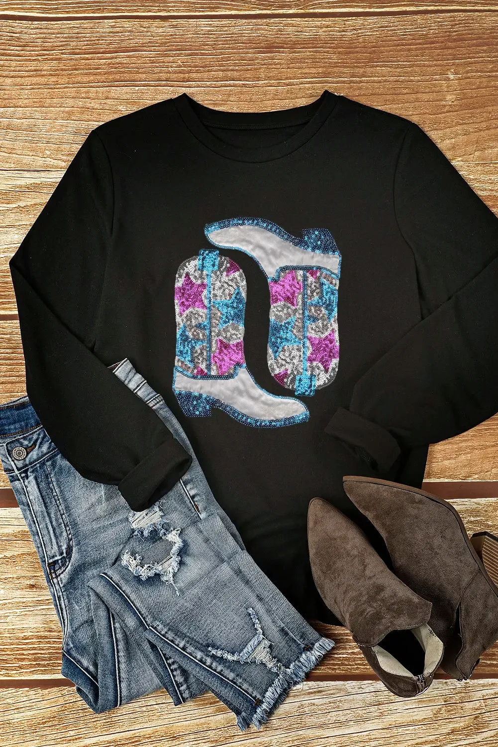 Hazel Blues® |  Boots Round Neck Long Sleeve Sweatshirt