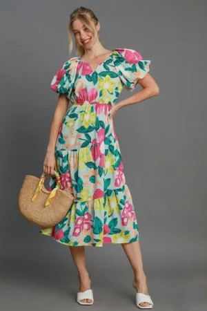 Hazel Blues® | Umgee Tiered Floral Print Notched Puff Sleeve Midi Dress