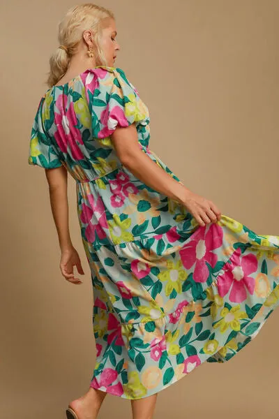 Hazel Blues® | Umgee Tiered Floral Print Notched Puff Sleeve Midi Dress