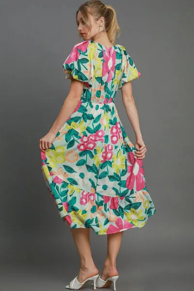 Hazel Blues® | Umgee Tiered Floral Print Notched Puff Sleeve Midi Dress