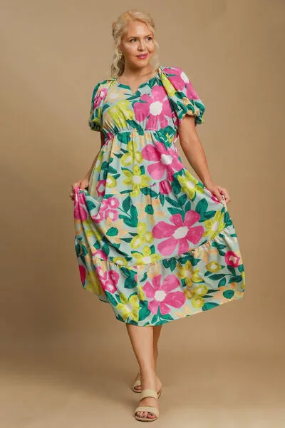 Hazel Blues® | Umgee Tiered Floral Print Notched Puff Sleeve Midi Dress