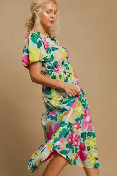 Hazel Blues® | Umgee Tiered Floral Print Notched Puff Sleeve Midi Dress