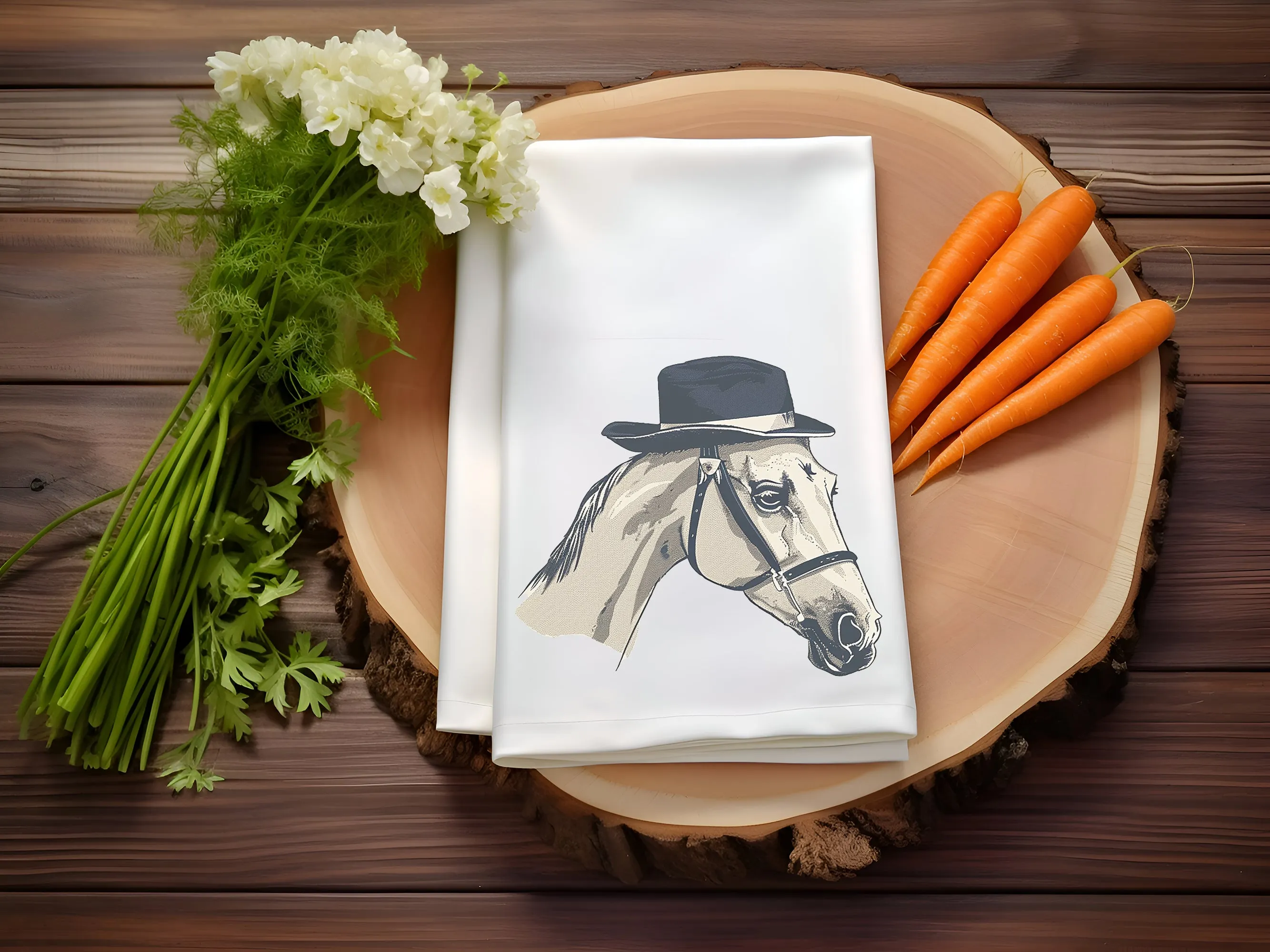 Horse tea towel featuring a stylish white horse in a fedora; ideal for drying dishes or as a quirky gift for friends! | Horse   Whiskey Collection