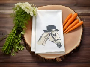Horse tea towel featuring a stylish white horse in a fedora; ideal for drying dishes or as a quirky gift for friends! | Horse   Whiskey Collection