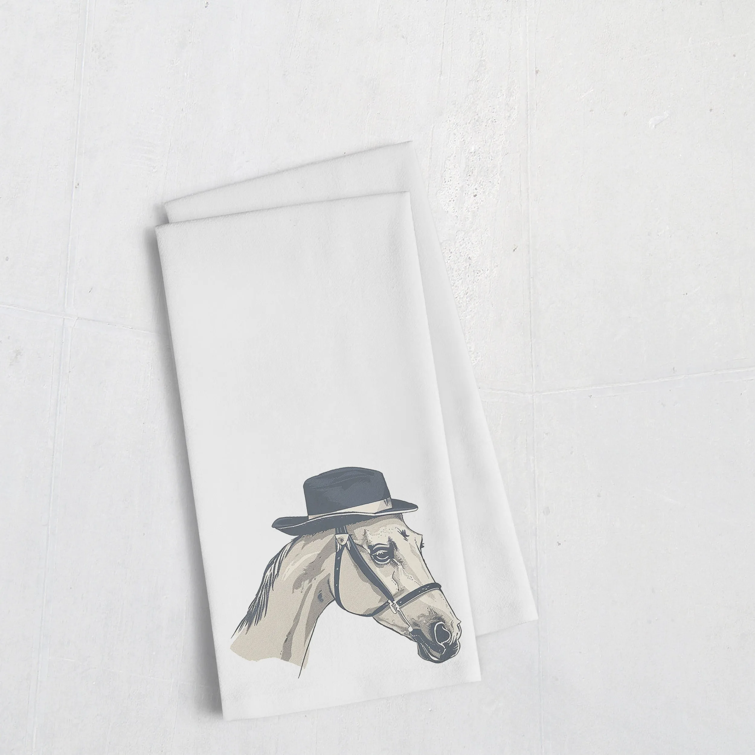 Horse tea towel featuring a stylish white horse in a fedora; ideal for drying dishes or as a quirky gift for friends! | Horse   Whiskey Collection