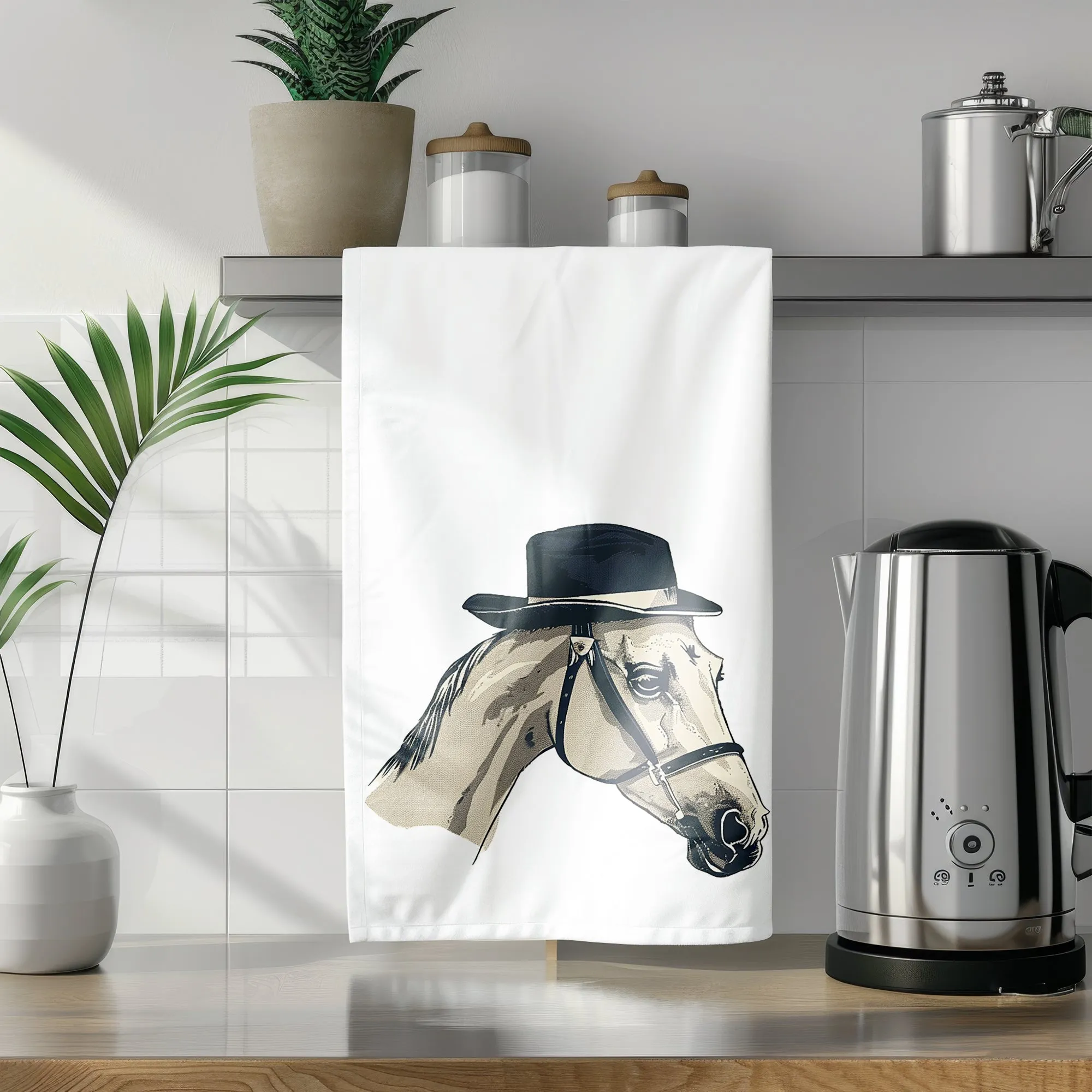 Horse tea towel featuring a stylish white horse in a fedora; ideal for drying dishes or as a quirky gift for friends! | Horse   Whiskey Collection