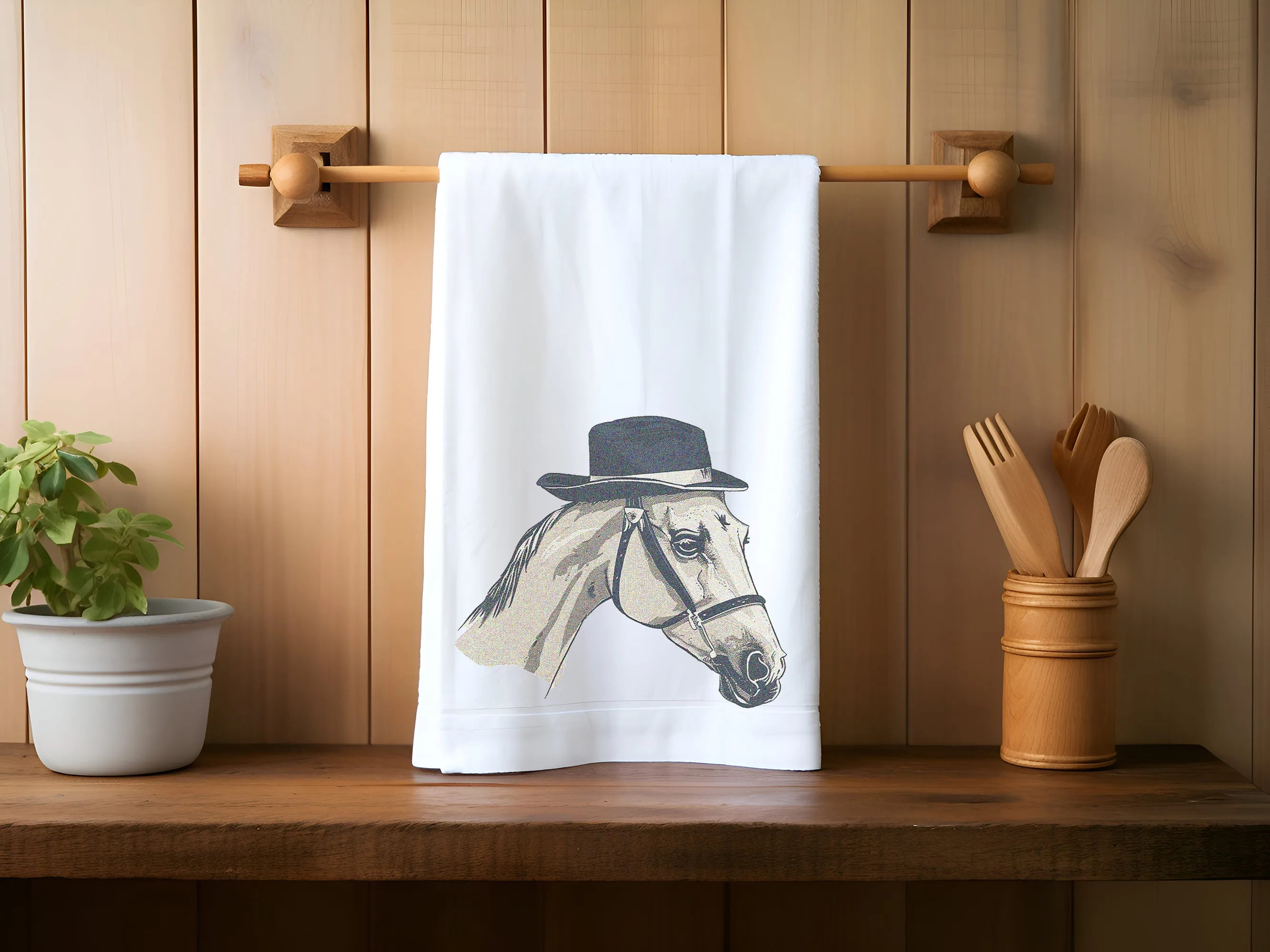 Horse tea towel featuring a stylish white horse in a fedora; ideal for drying dishes or as a quirky gift for friends! | Horse   Whiskey Collection