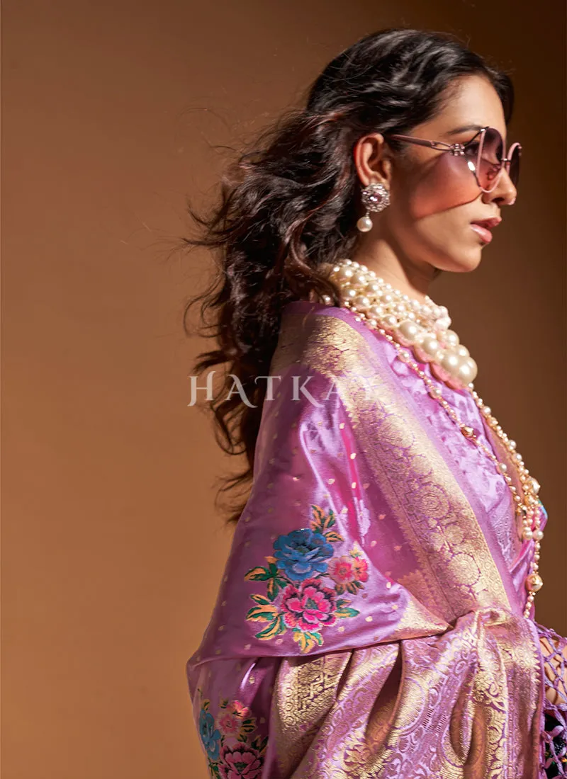 Lavender Floral Printed Silk Saree