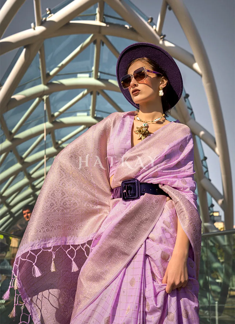Lilac Purple Golden Handloom Silk Saree