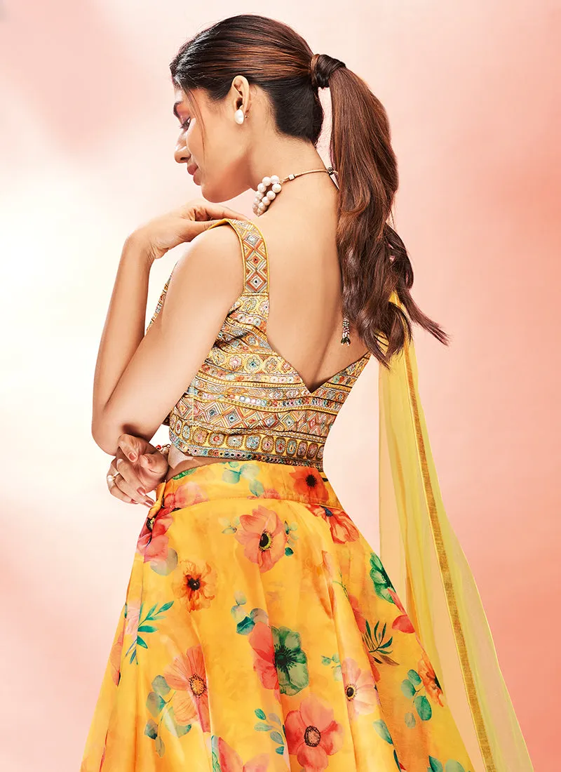 Lime Yellow Floral Embroidered Lehenga Choli