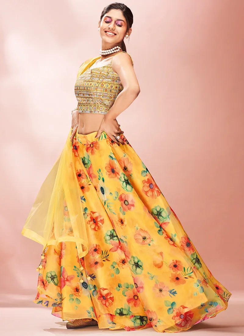 Lime Yellow Floral Embroidered Lehenga Choli