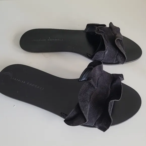 Loeffler Randal Black Suede &quot;Birdie&quot; Ruffled Slides - Size 7.5