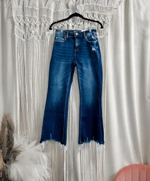 Mid rise dark wash kick crop flare denim jeans