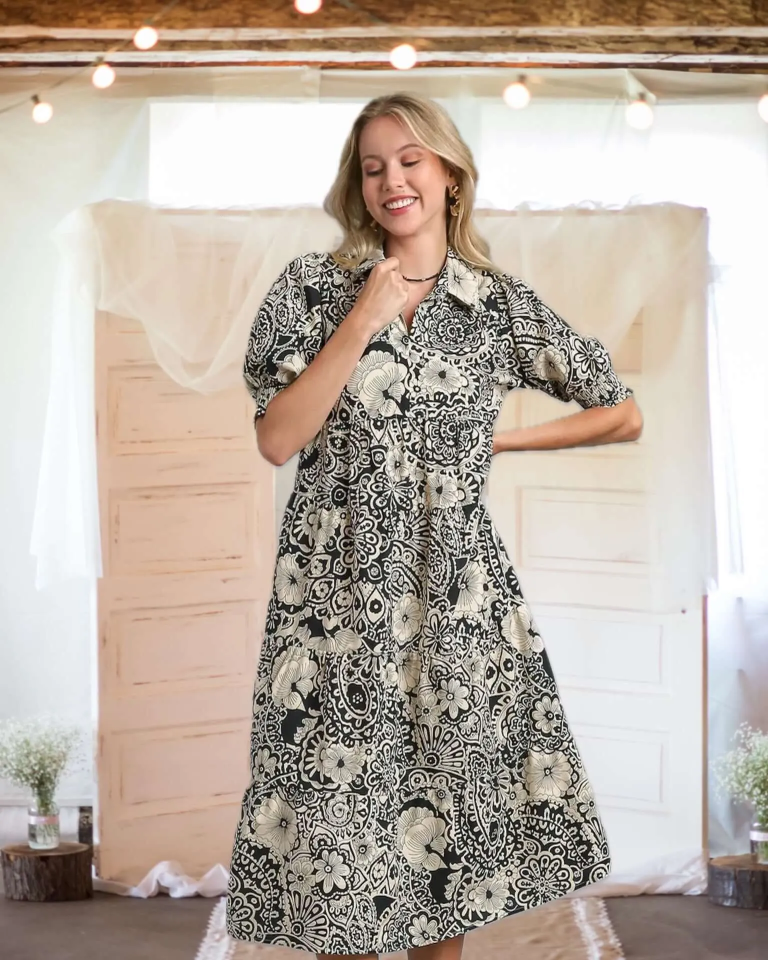 Moment in Time Mixed Print Puff Sleeve Tiered Midi Dress in Black - Misses and Curvy