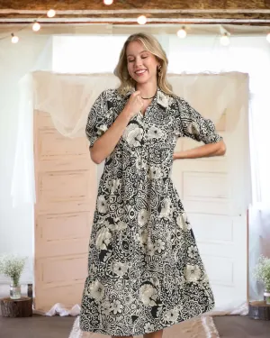 Moment in Time Mixed Print Puff Sleeve Tiered Midi Dress in Black - Misses and Curvy