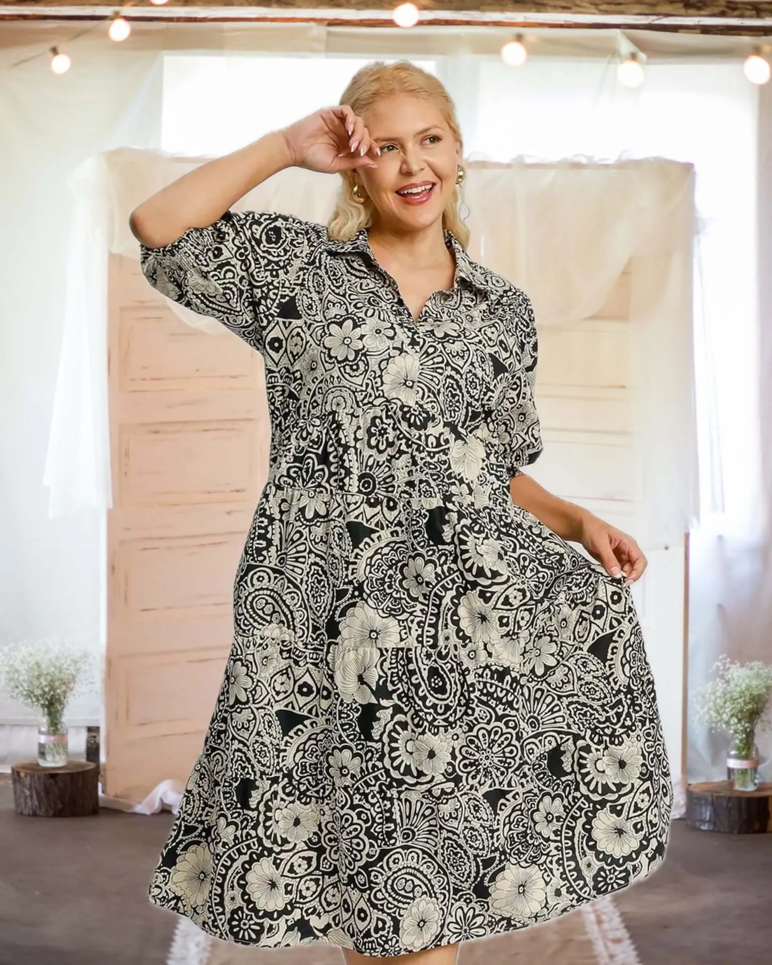Moment in Time Mixed Print Puff Sleeve Tiered Midi Dress in Black - Misses and Curvy