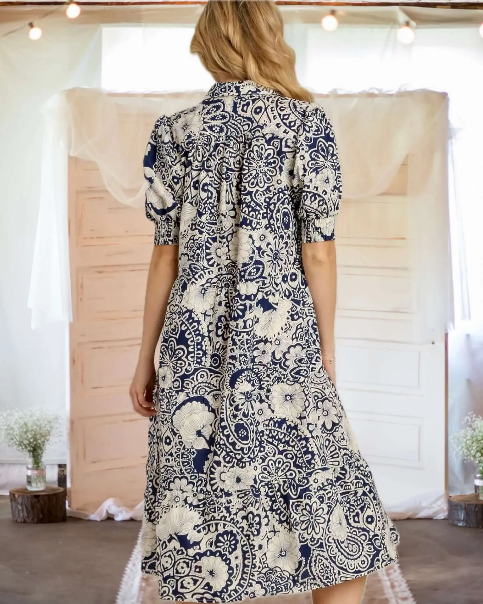 Moment in Time Mixed Print Puff Sleeve Tiered Midi Dress in Dark Blue - Misses and Curvy
