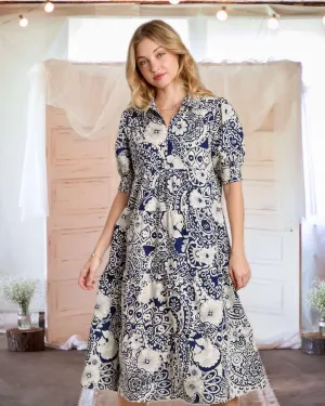 Moment in Time Mixed Print Puff Sleeve Tiered Midi Dress in Dark Blue - Misses and Curvy