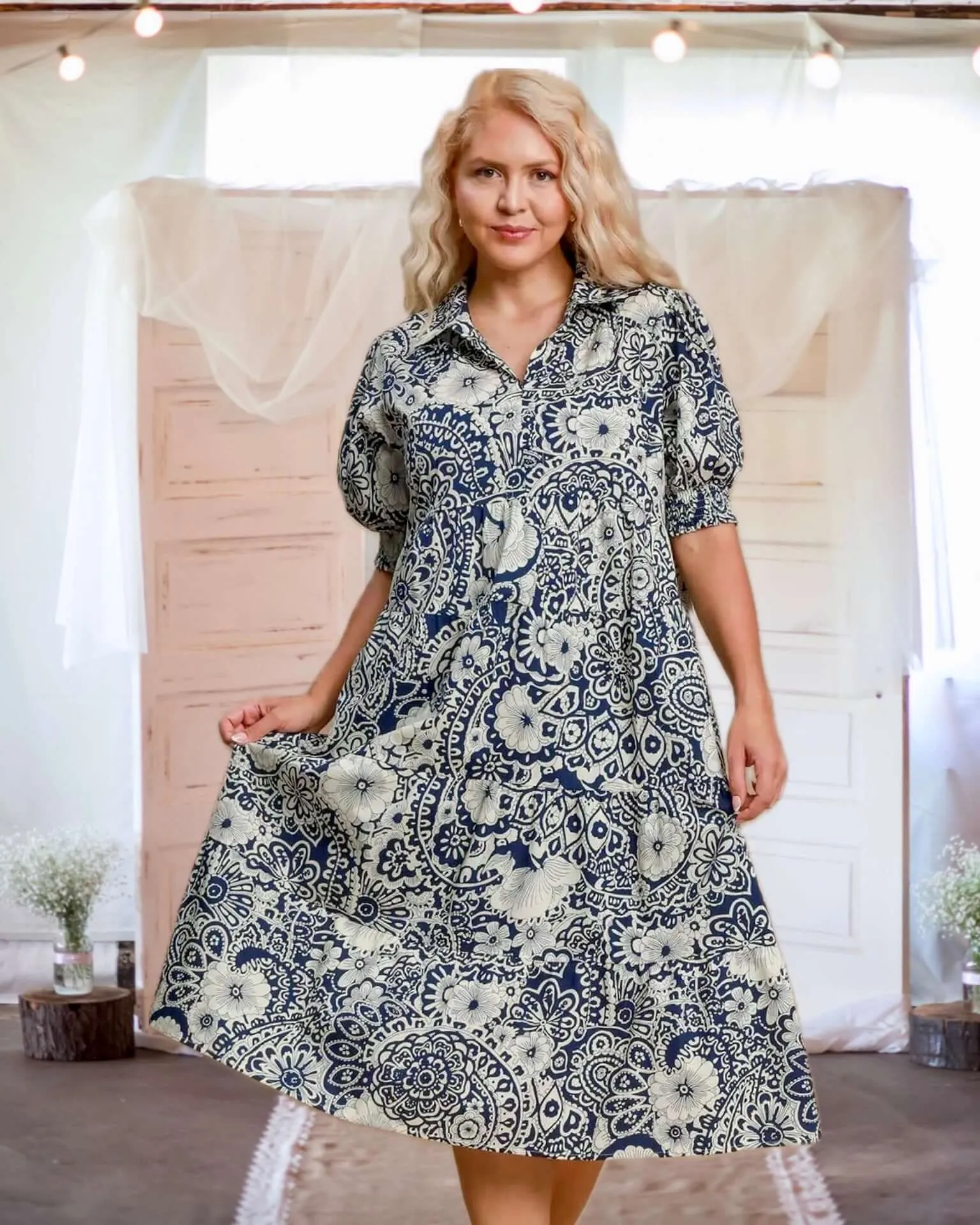 Moment in Time Mixed Print Puff Sleeve Tiered Midi Dress in Dark Blue - Misses and Curvy