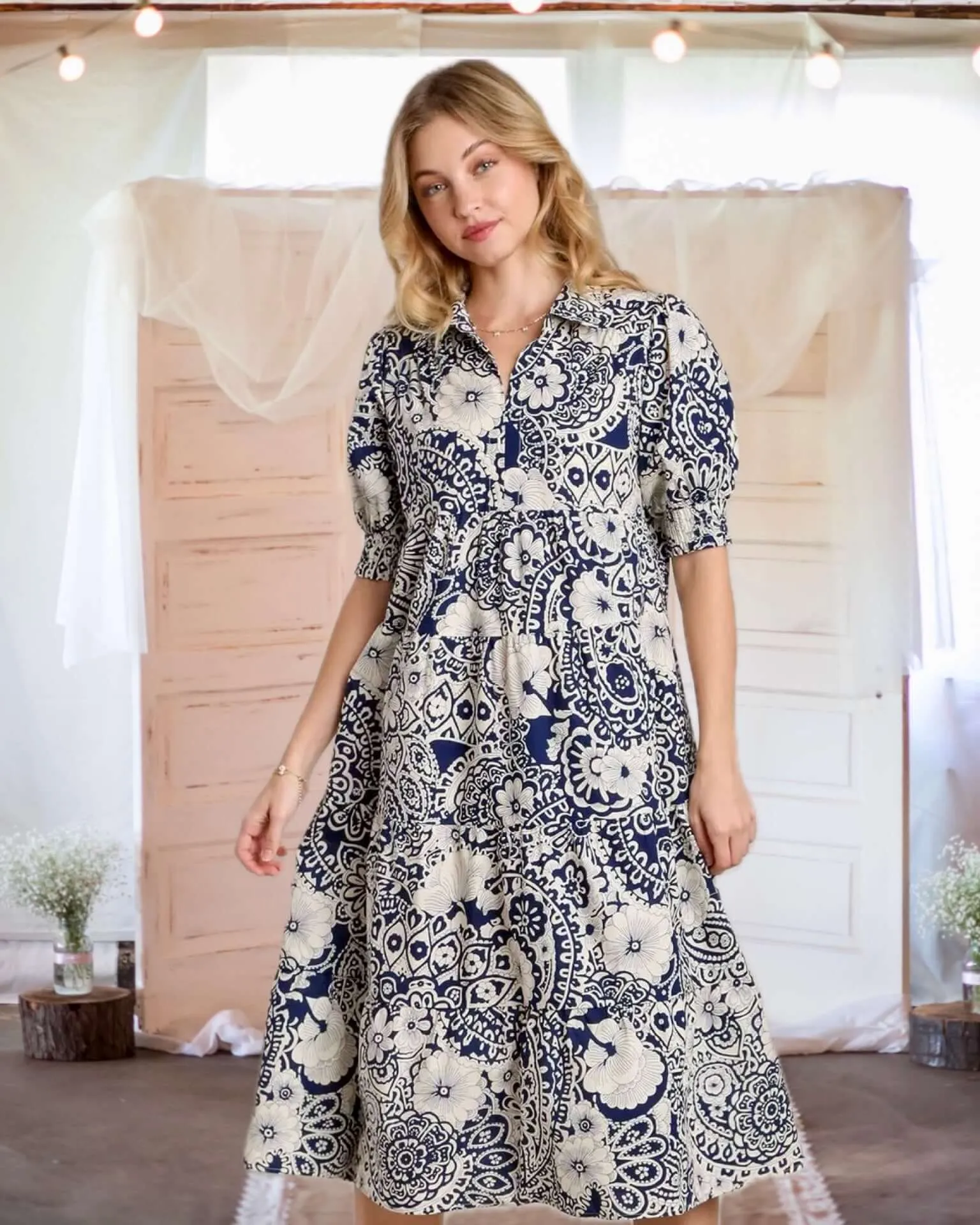 Moment in Time Mixed Print Puff Sleeve Tiered Midi Dress in Dark Blue - Misses and Curvy