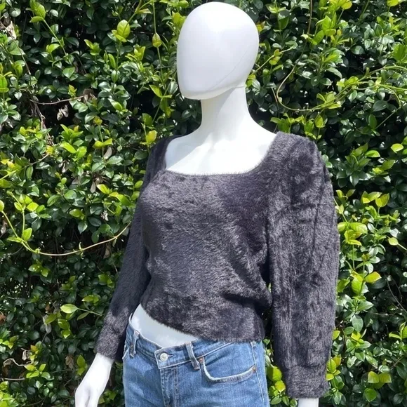 NWT Free People Moonbeam Black Classic Scoop Neck Plush Sweater