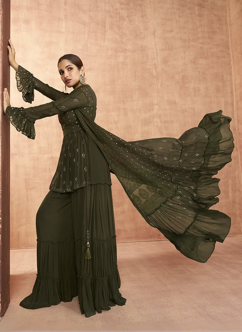 Olive Green Embroidered Peplum Style Lehenga Choli