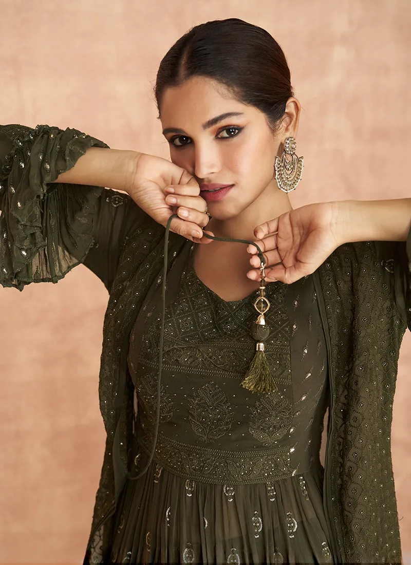 Olive Green Embroidered Peplum Style Lehenga Choli