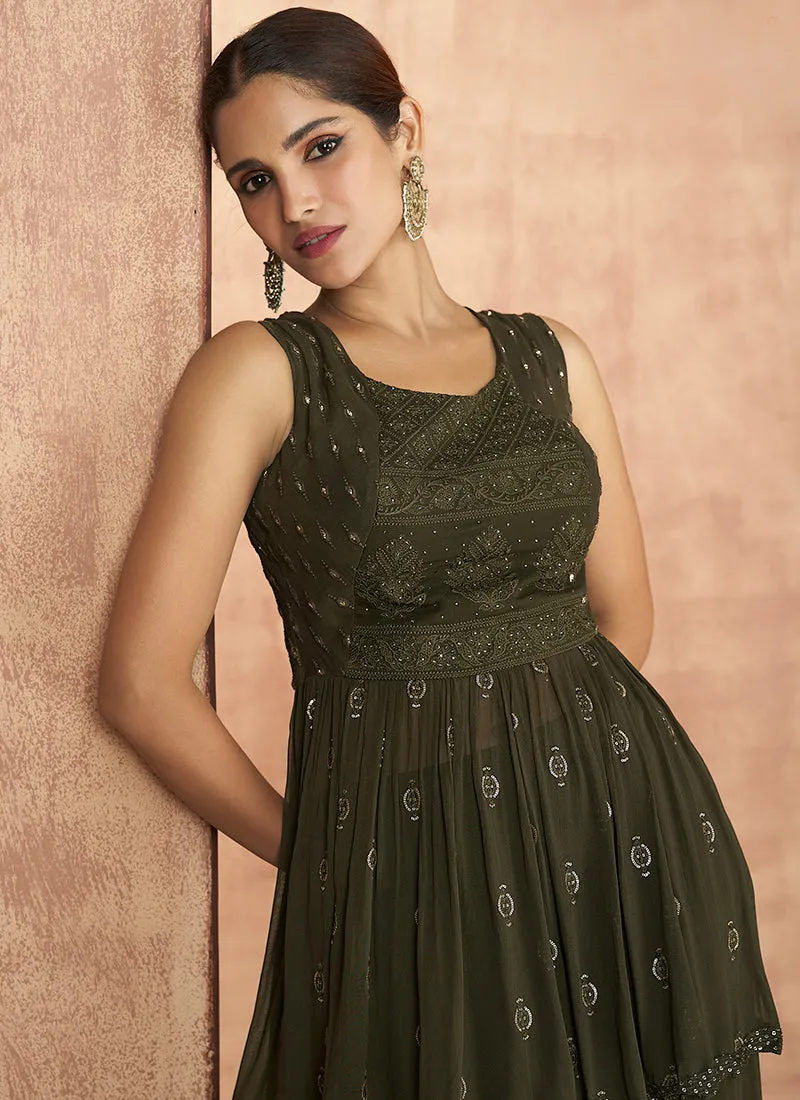 Olive Green Embroidered Peplum Style Lehenga Choli