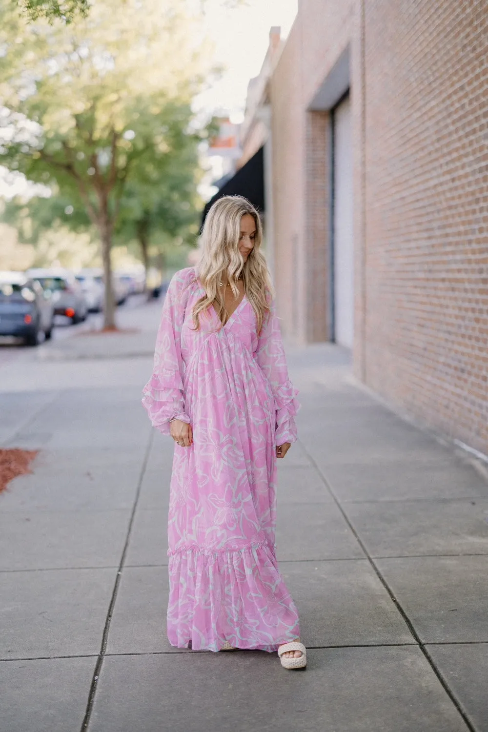 Pandora Pink Print Ruffled Sleeve Maxi Dress