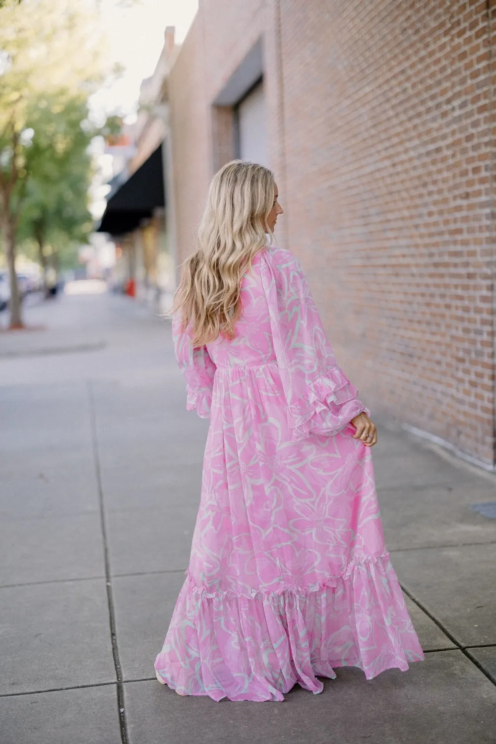 Pandora Pink Print Ruffled Sleeve Maxi Dress