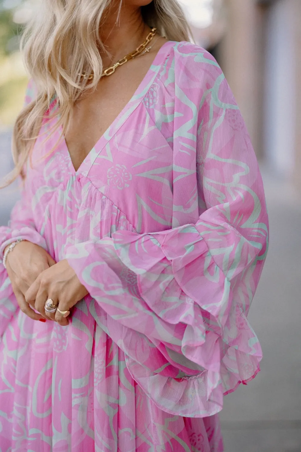 Pandora Pink Print Ruffled Sleeve Maxi Dress