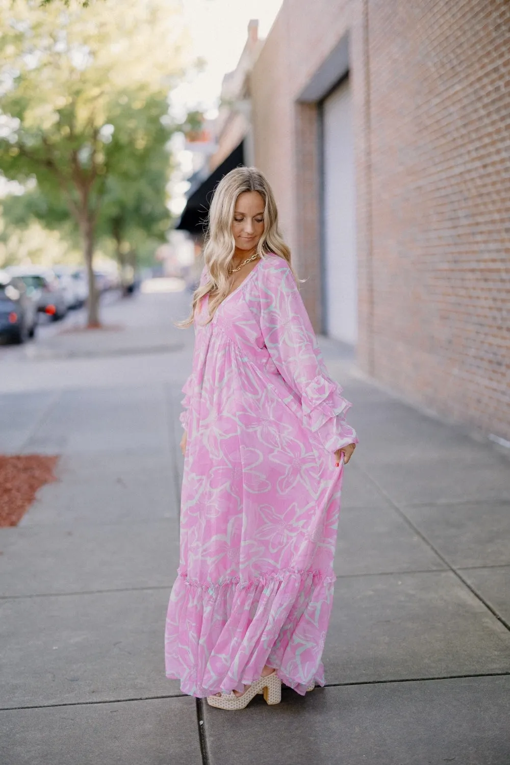 Pandora Pink Print Ruffled Sleeve Maxi Dress