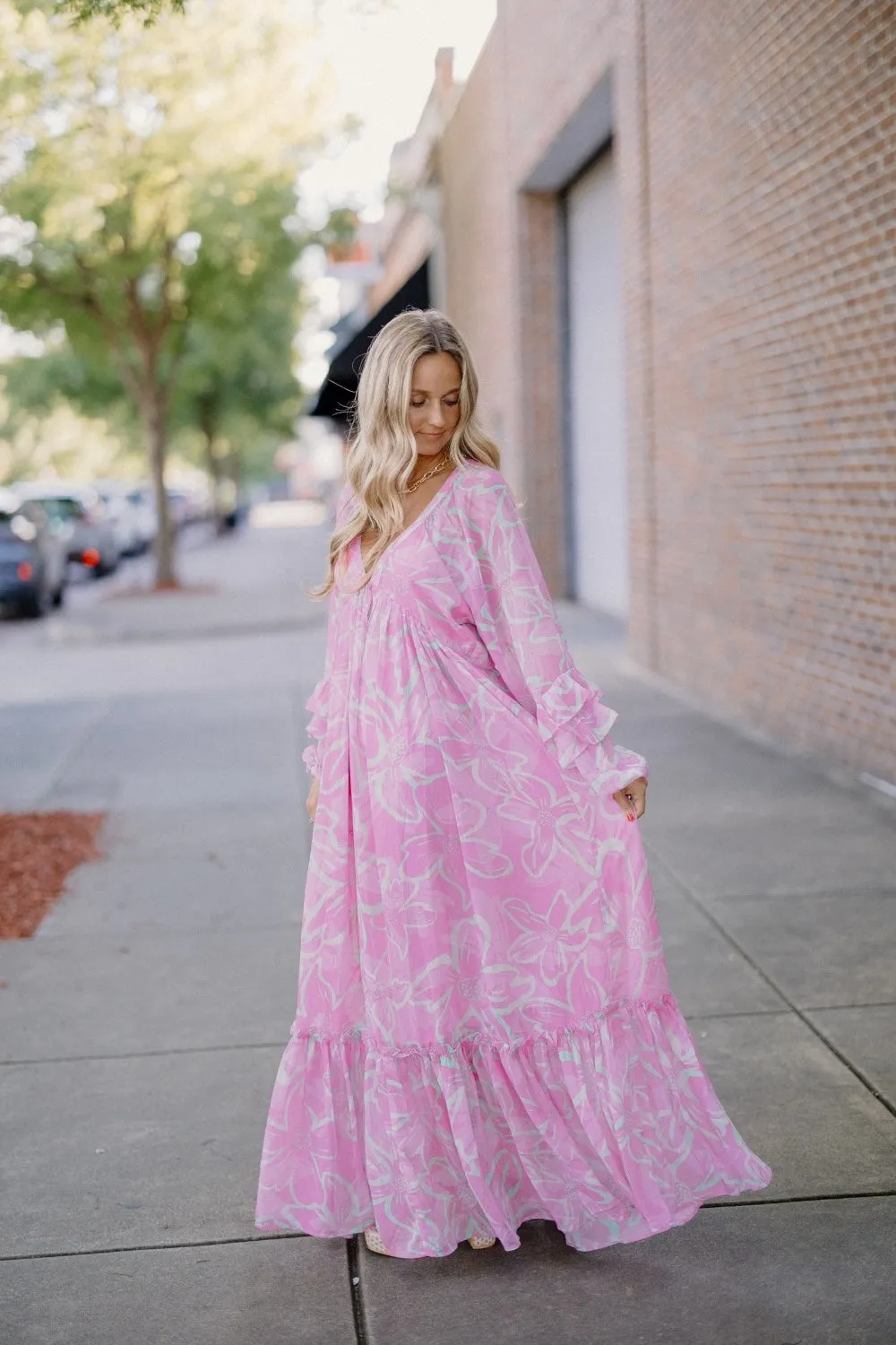 Pandora Pink Print Ruffled Sleeve Maxi Dress