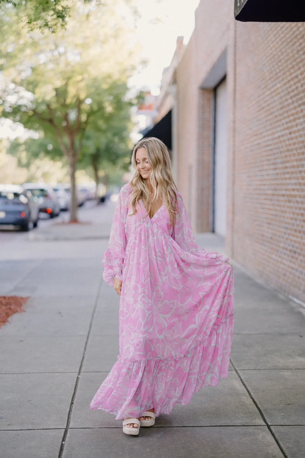 Pandora Pink Print Ruffled Sleeve Maxi Dress