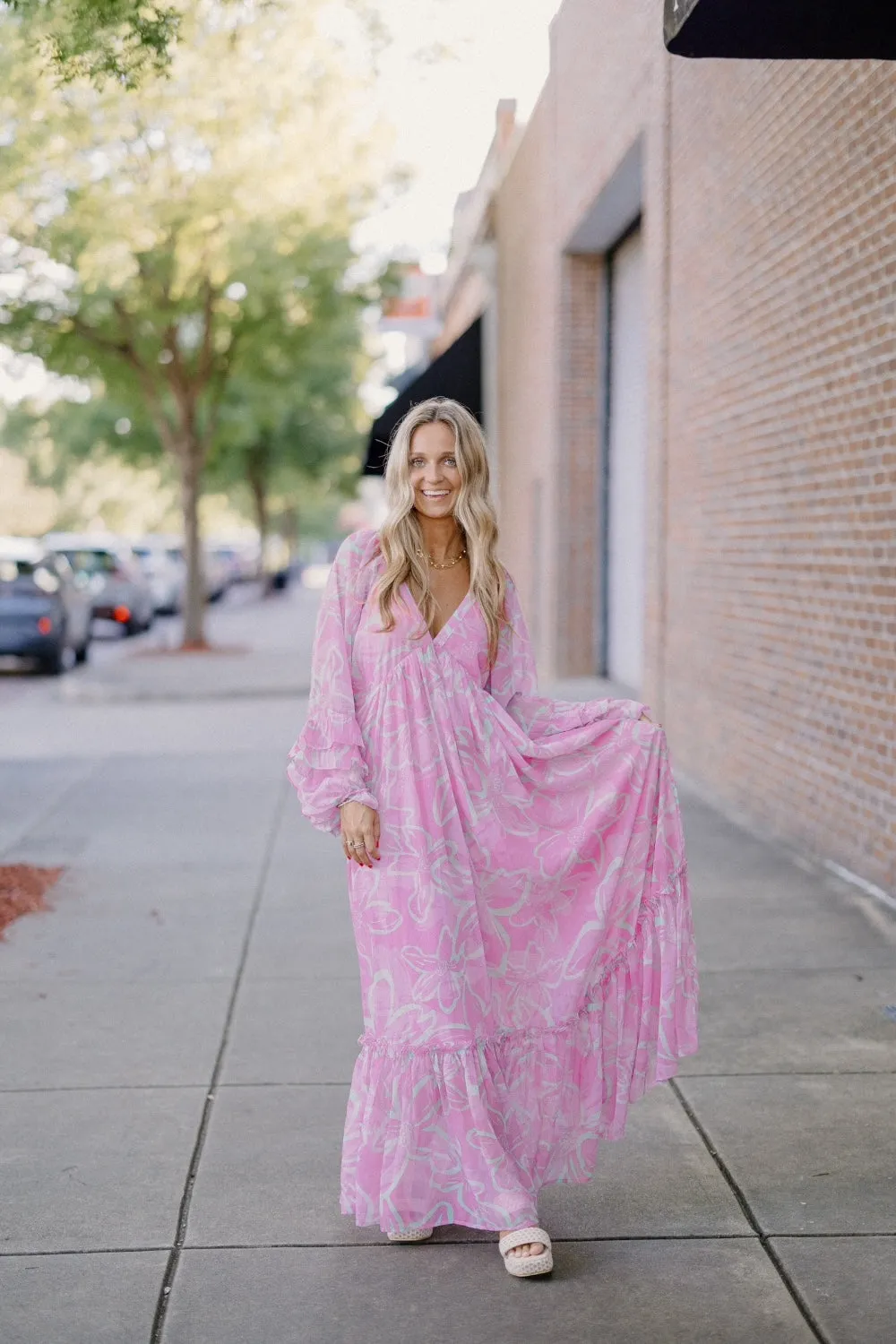 Pandora Pink Print Ruffled Sleeve Maxi Dress