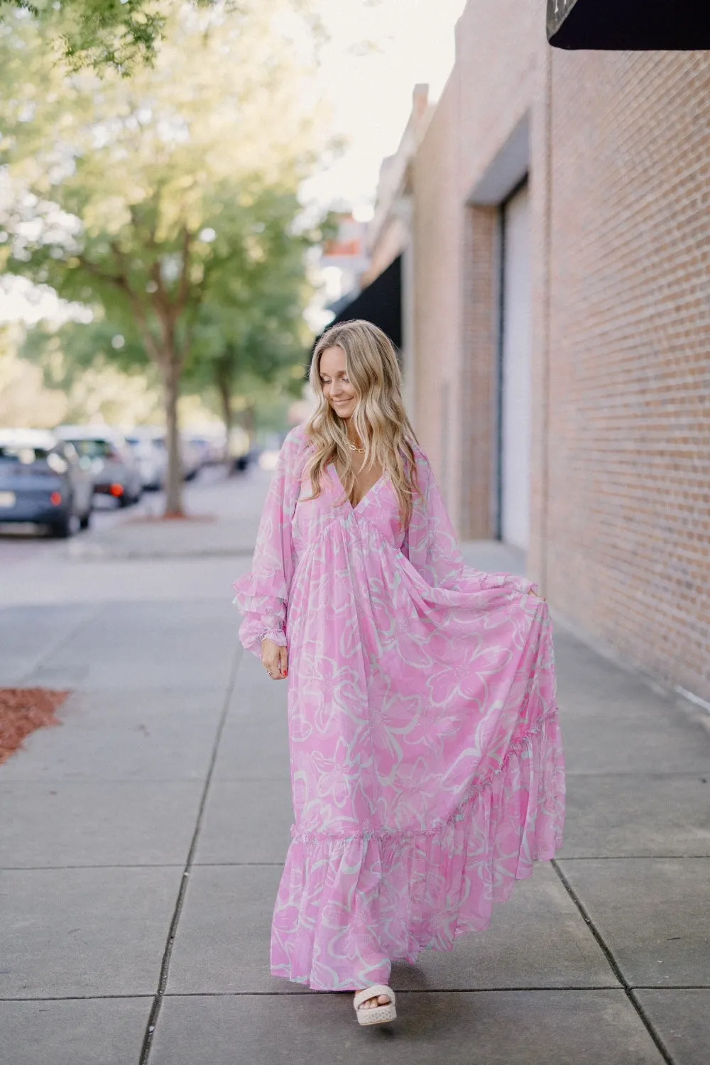Pandora Pink Print Ruffled Sleeve Maxi Dress